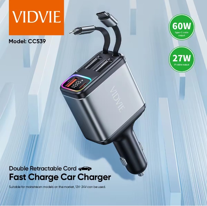 VIDVIE 4 in 1 Fast Charging 60W LED Display Car Charger