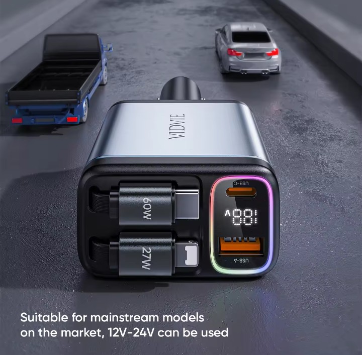 VIDVIE 4 in 1 Fast Charging 60W LED Display Car Charger