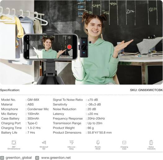 Green Lion GM-88X Wireless Microphone, USB Type-C Connector, Noise Cancellation