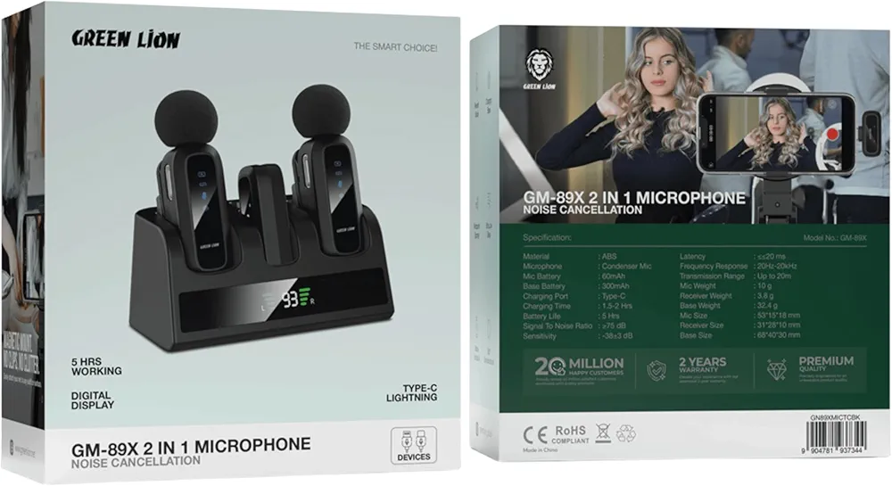 Green Lion GM-89X 2 in 1 Wireless Microphone, Type-C & Lightning Head Connector, Noise Cancellation