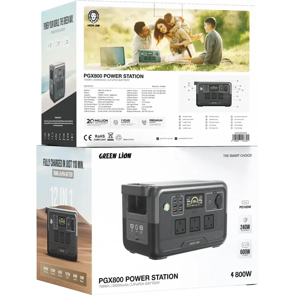 Green Lion PGX800 Power Station with 768Wh & 30000mAh LiFe PO4 Battery - Blac
