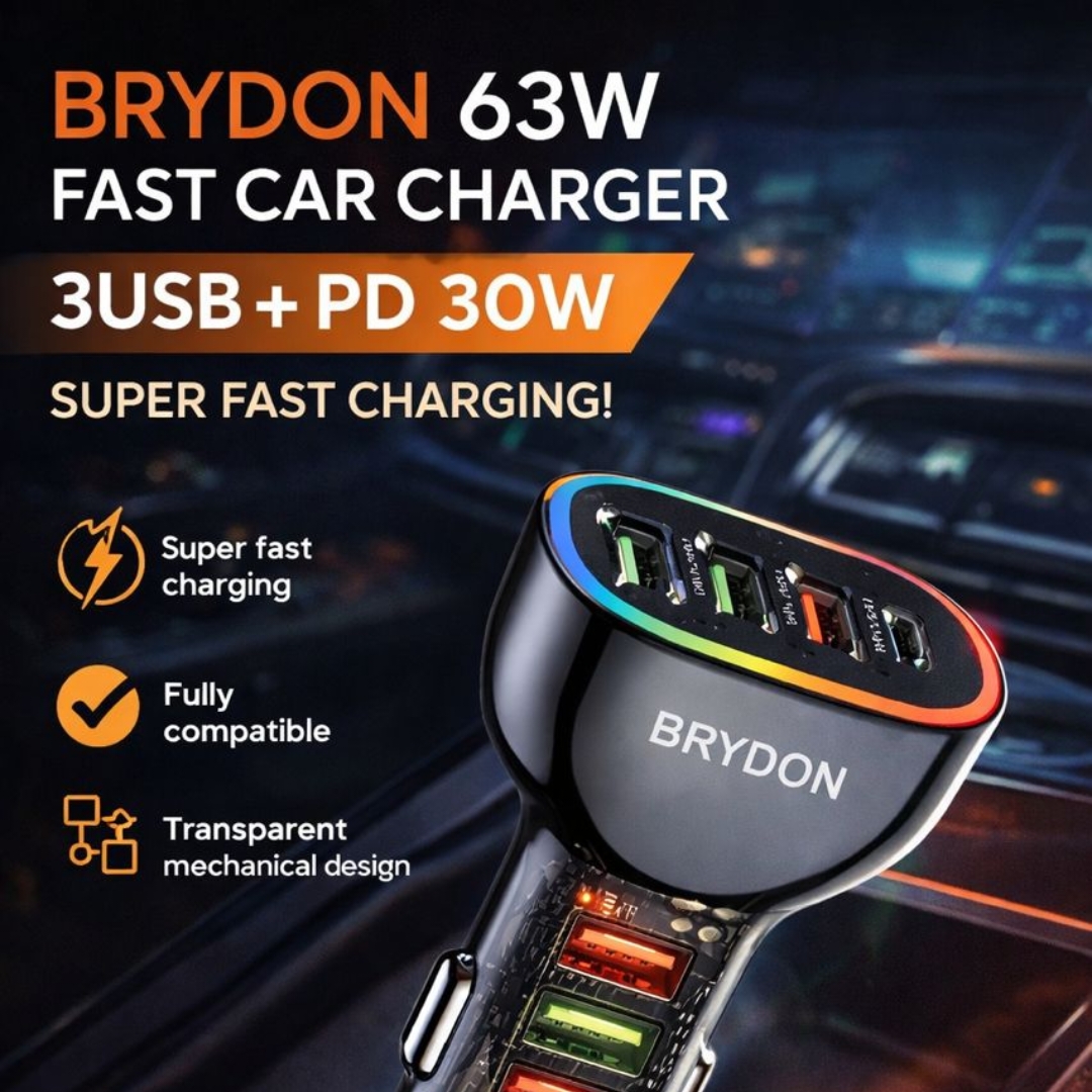 BRYDON 63W FAST CAR CHARGE 3USB + PD 30W
