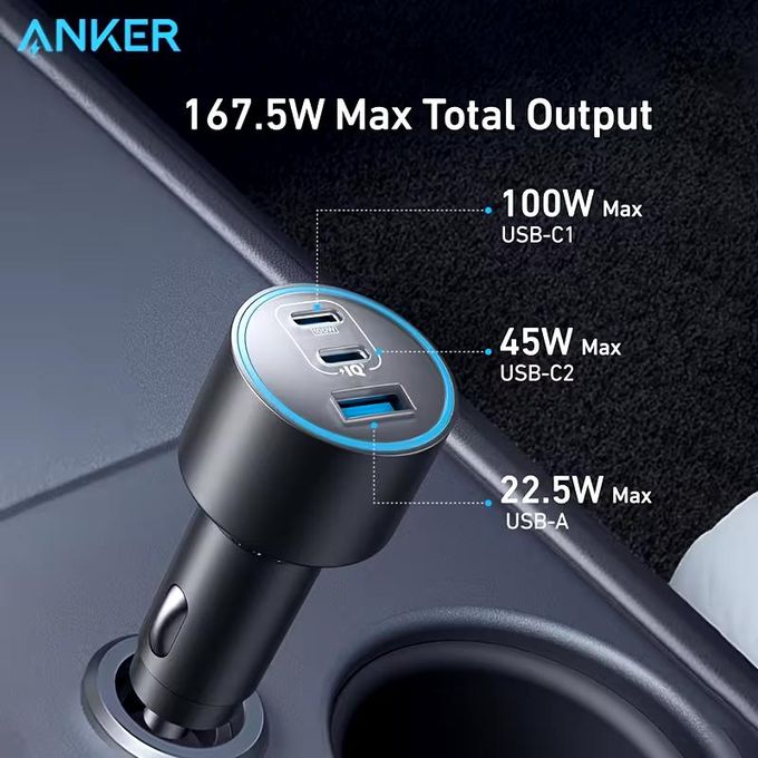 Anker 167.5W Ultra Fast Triple-Port Laptop Car Charger Gray