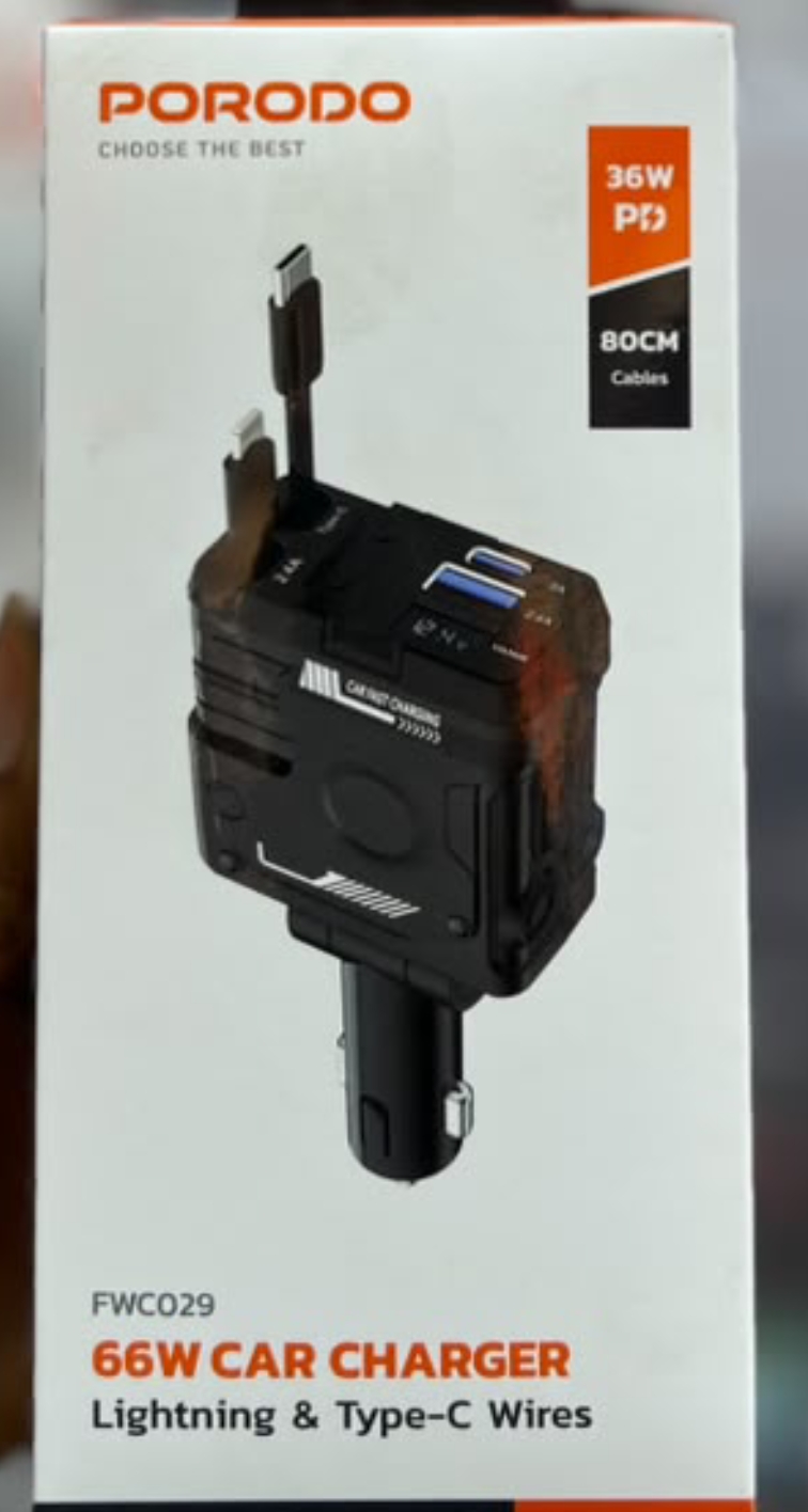 Porodo 66W Car Charger Lightning & Type -C Wire